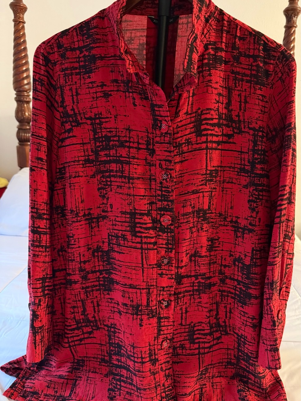 Women's Red and Black Patterned Button-Up Blouse
